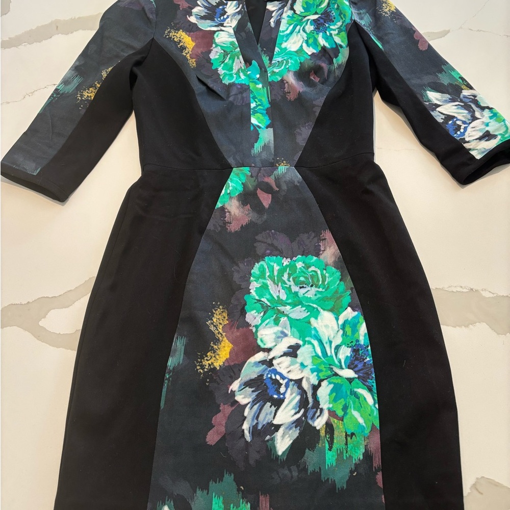 Black Halo Long Sleeve Dress with Green Floral Design